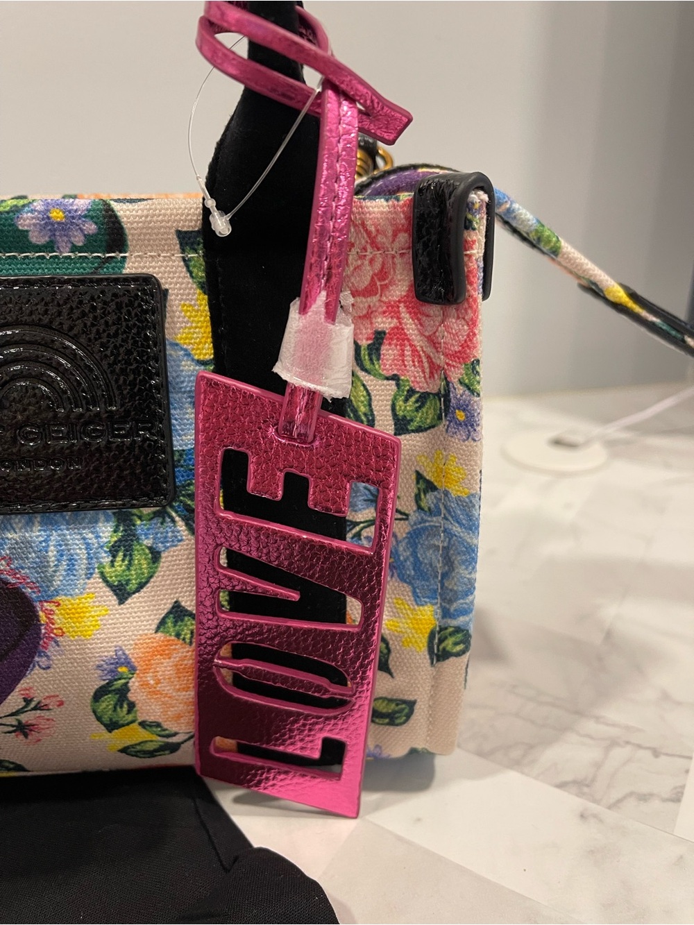 Kurt Geiger Floral Mini Tote with Pink LOVE Tag and Black Heart Charm NWT - Picture 5 of 9